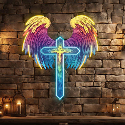 Spread Wings Cross Neon signs| Reddish Yellow Feather Decoration | LED Art Lighting