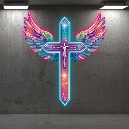 Red and Purple Feathered Wings Cross Neon signs | LED Art Lighting | Unique Decorations