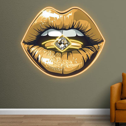 Glamorous Lip Close-Up LED Neon Sign - Sparkling Yellow Lipstick with Diamond Ring - Perfect for Beauty Salons & Home Decor