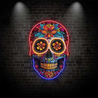 Colorful Floral Smiling Skull Neon LED Light – Whimsical Art Decor