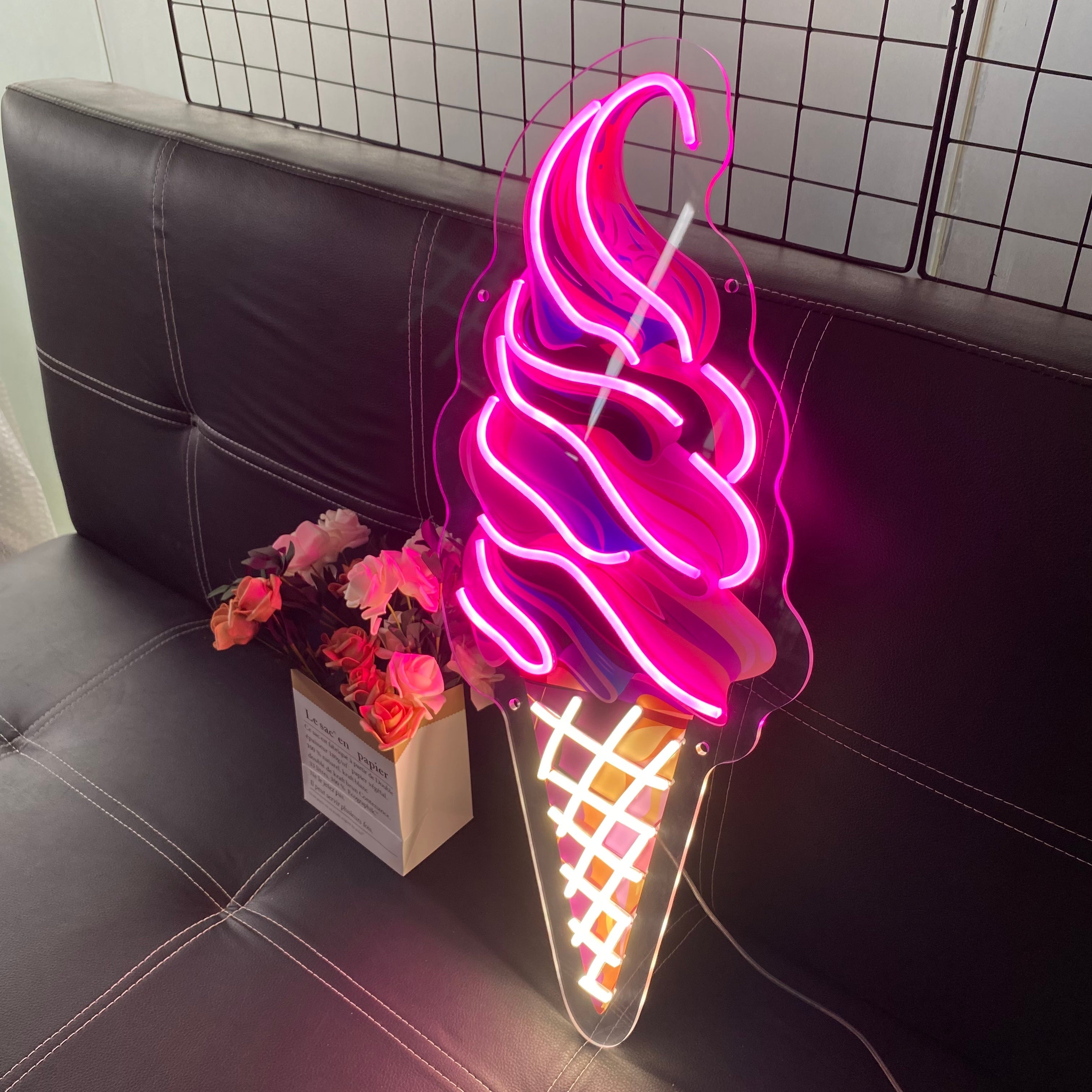 Pink Purple Ice Cream Neon Sign LED Light, Sweet Spiral Shape for Dessert Shop Window Display, Romantic Girl Room Wall Decor Lighting
