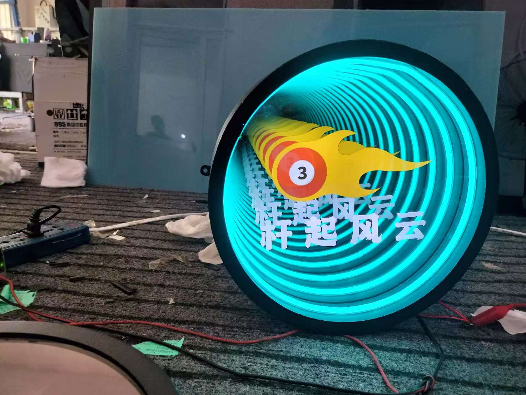 Round LED Infinity Mirror Wall Art – Billiards 3 Ball with Flame Neon Sign, Blue Tunnel Optical Illusion Pool Room Decor