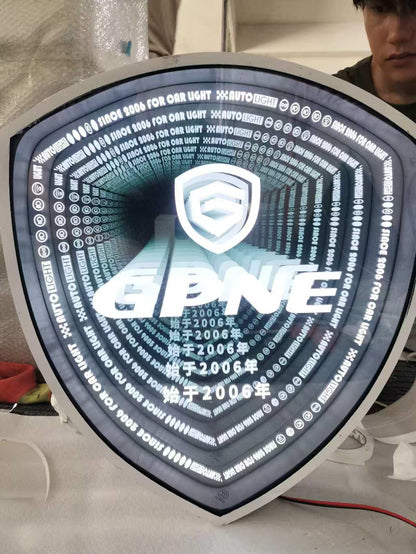 Shield Shape Infinity Mirror Wall Art – Blue Gray LED Illusion Light with White Text, 3D Futuristic Tunnel Decor for Home & Office