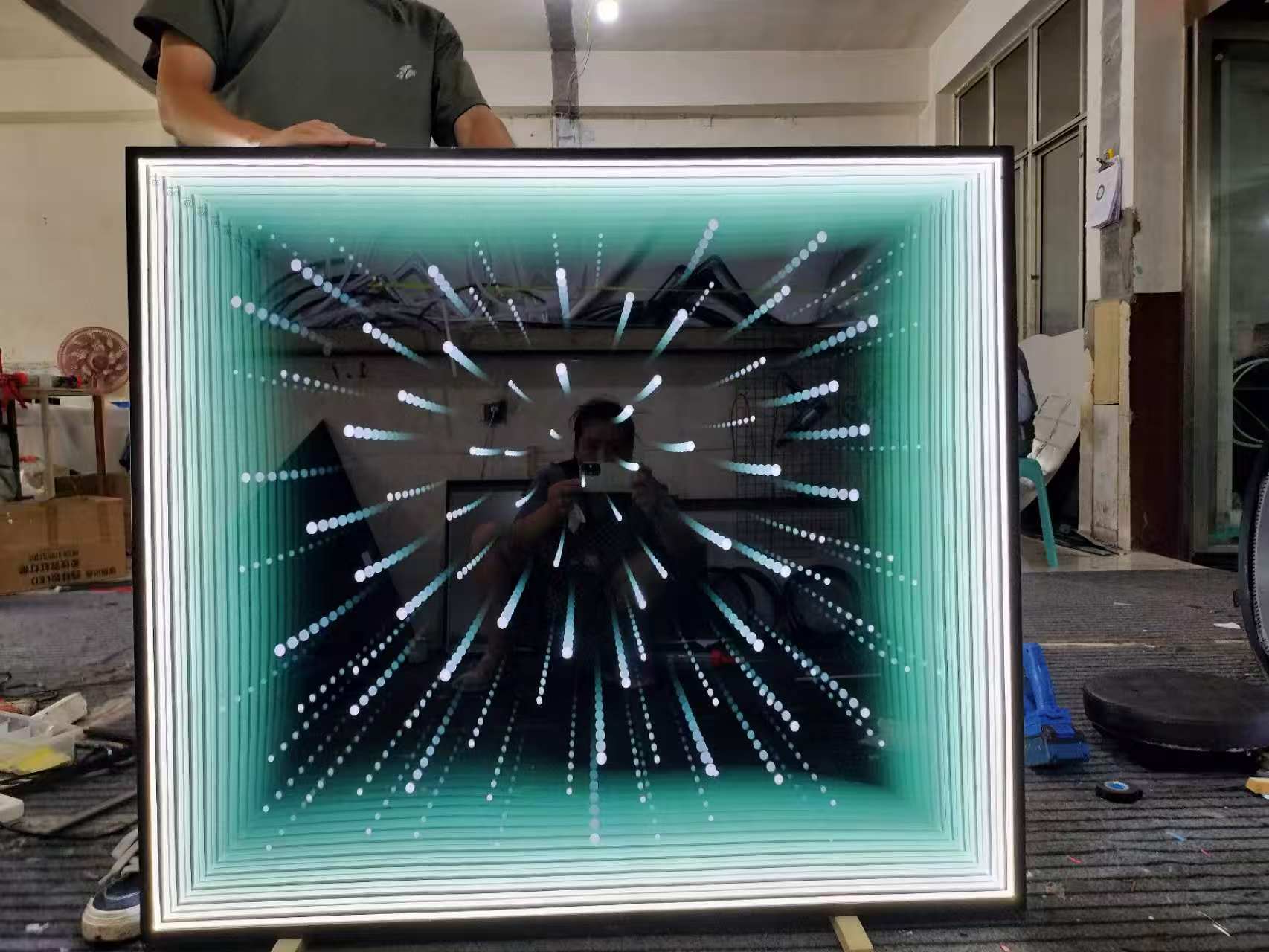 Rectangular LED Infinity Mirror Wall Art – Green & White Optical Illusion Neon Light Sign, Futuristic 3D Space Decor