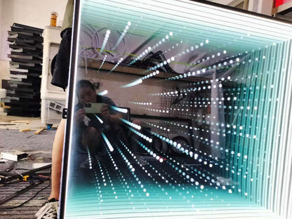 Rectangular LED Infinity Mirror Wall Art – Green & White Optical Illusion Neon Light Sign, Futuristic 3D Space Decor