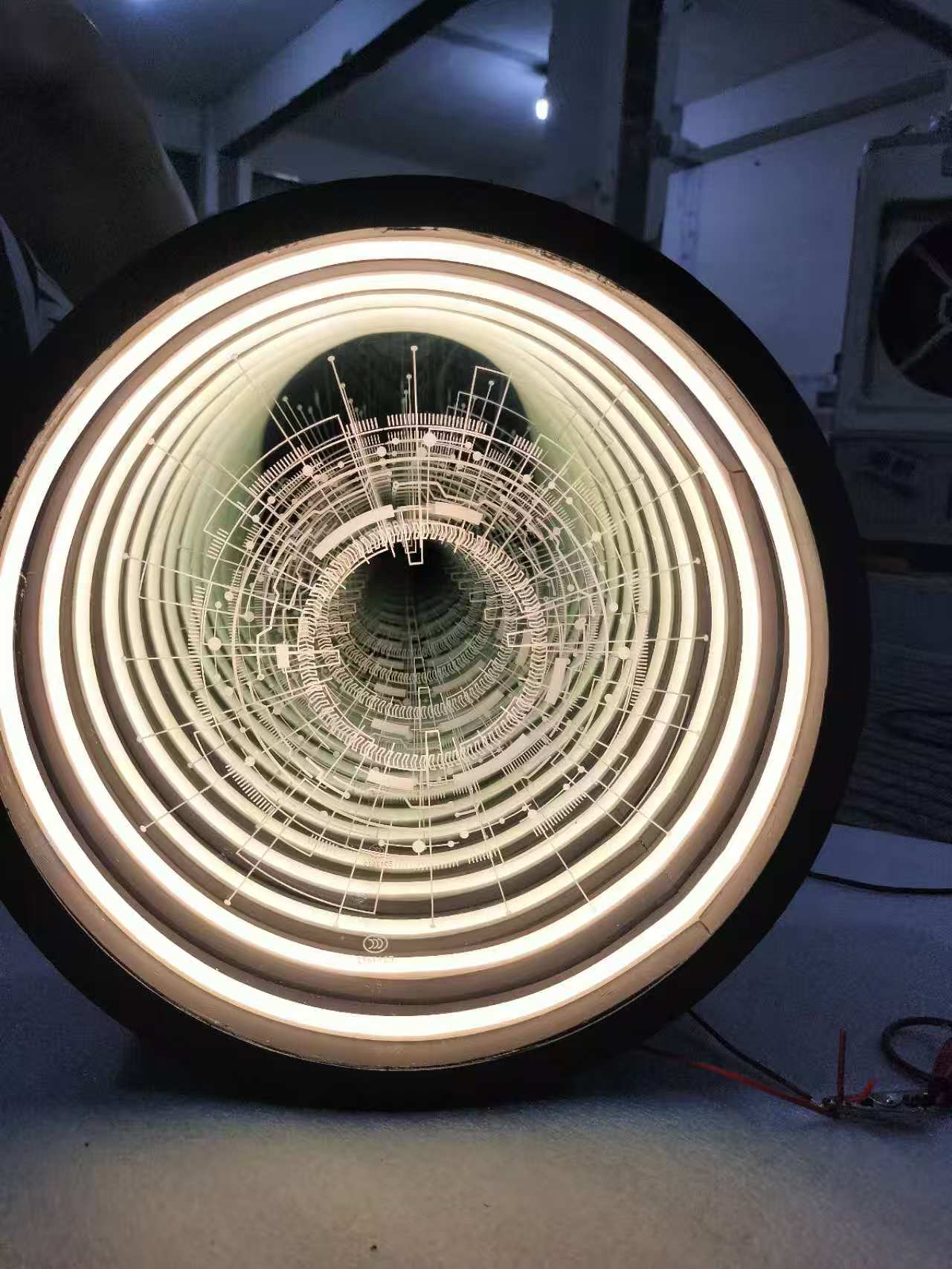Futuristic Infinity Mirror Neon Light Circular Layered LED Design Warm White Glow Sci-Fi Decor