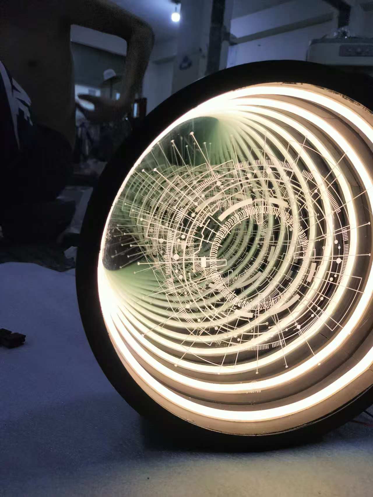 Futuristic Infinity Mirror Neon Light Circular Layered LED Design Warm White Glow Sci-Fi Decor