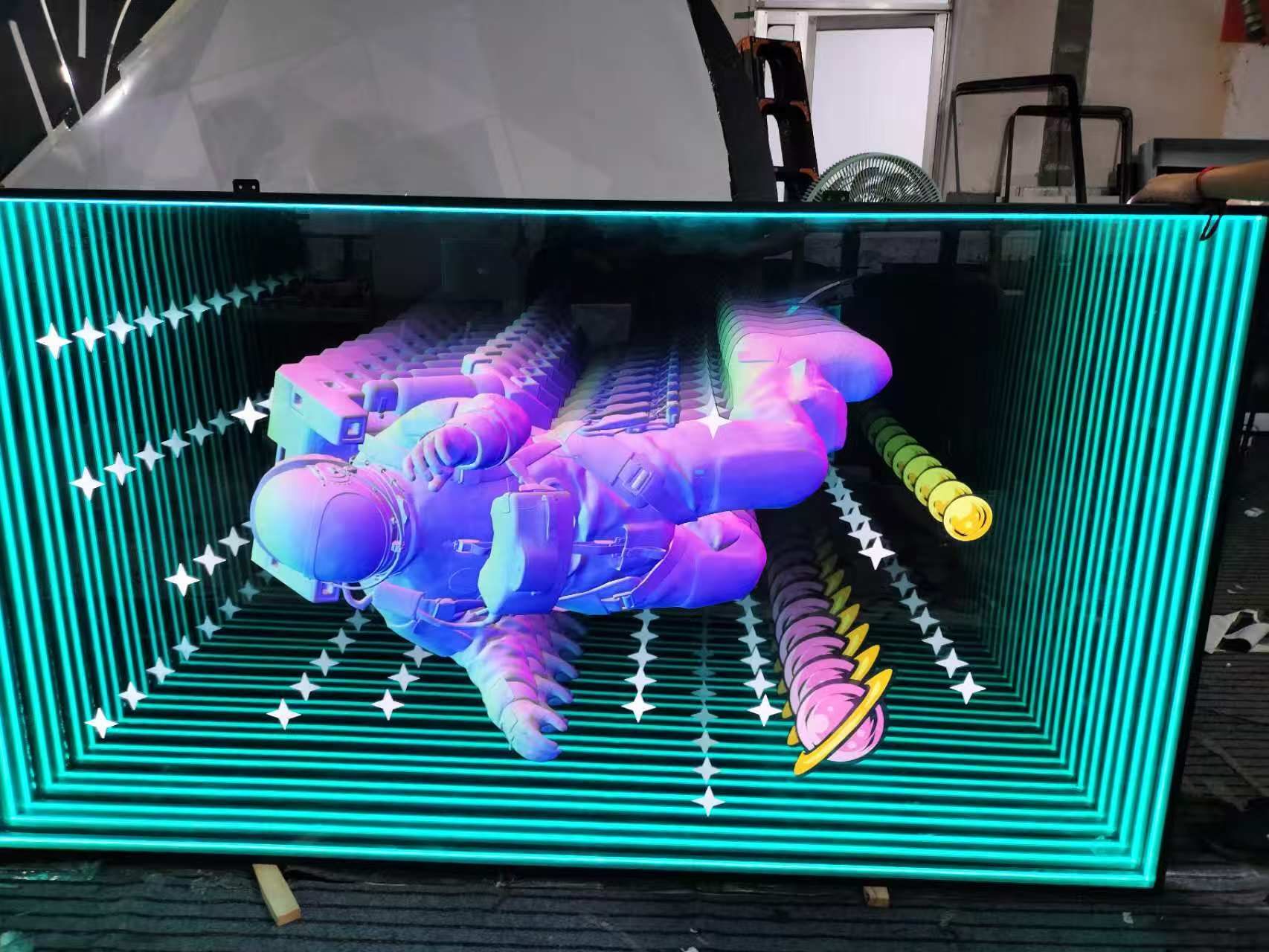 Astronaut Infinity Mirror Wall Art – LED Rectangular Space Illusion Light, Blue Green 3D Galaxy Decor with Stars & Planets