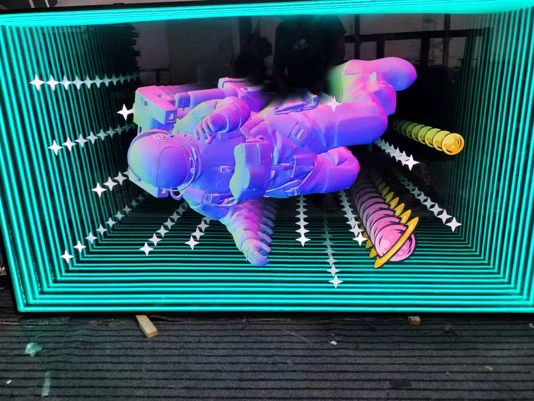 Astronaut Infinity Mirror Wall Art – LED Rectangular Space Illusion Light, Blue Green 3D Galaxy Decor with Stars & Planets
