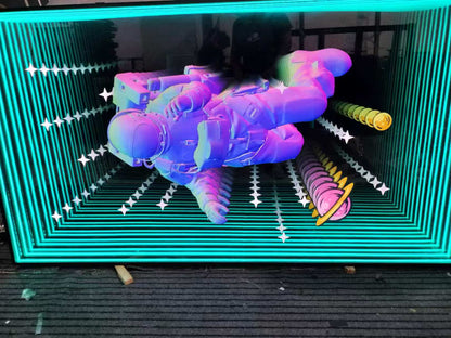 Astronaut Infinity Mirror Wall Art – LED Rectangular Space Illusion Light, Blue Green 3D Galaxy Decor with Stars & Planets
