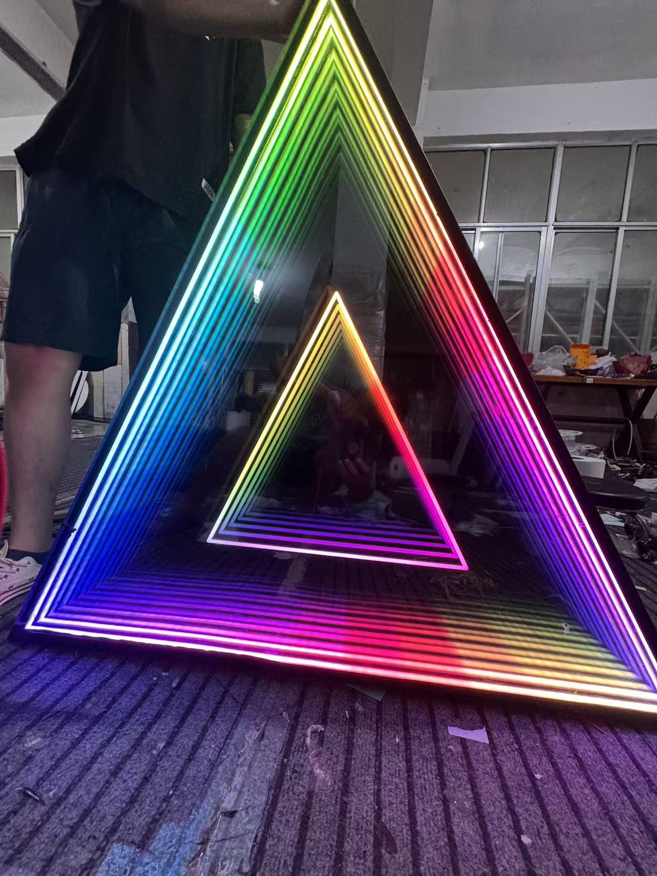 Rainbow Triangle Infinity Mirror Wall Art – LED Geometric Illusion Light, Colorful 3D Neon Decor for Modern Home & Gaming Room