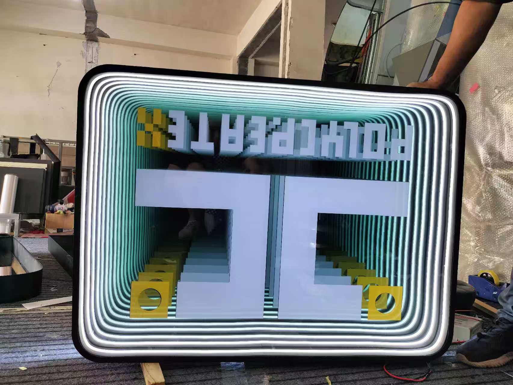 Rectangular Infinity Mirror – LED White and Yellow Pixel Art Letters with Blue-Green Glow, Futuristic Geometric Wall Art for Gaming Room, Esports Bar & Tech Decor