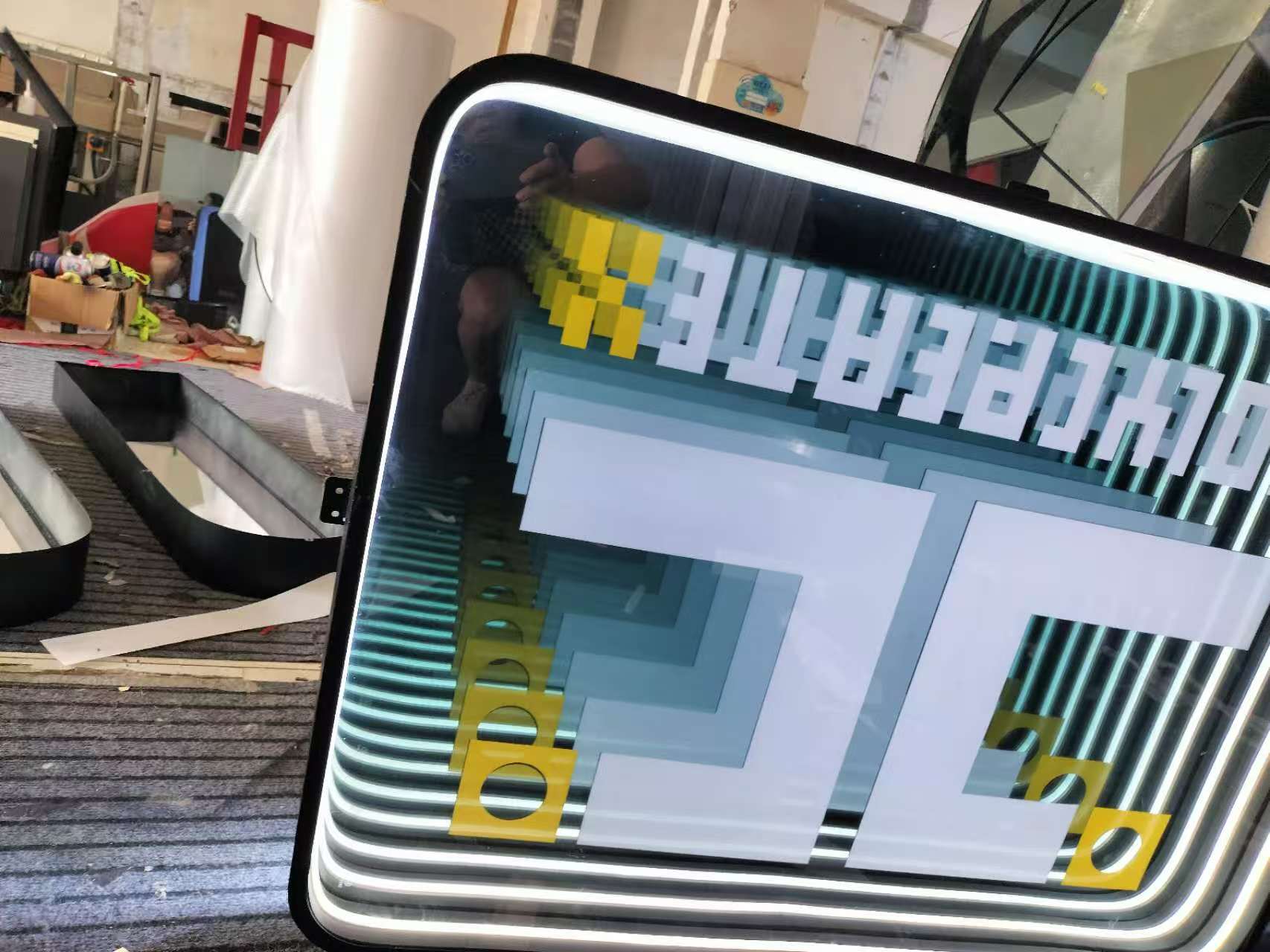 Rectangular Infinity Mirror – LED White and Yellow Pixel Art Letters with Blue-Green Glow, Futuristic Geometric Wall Art for Gaming Room, Esports Bar & Tech Decor