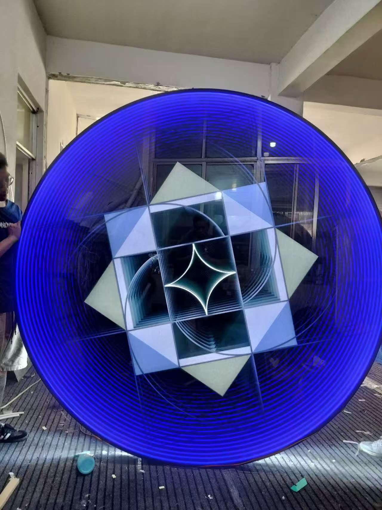 Round Infinity Mirror Wall Art – LED Blue Geometric Pattern Circle Design with Futuristic Optical Depth Effect for Modern Home, Gaming Room & Art Decor