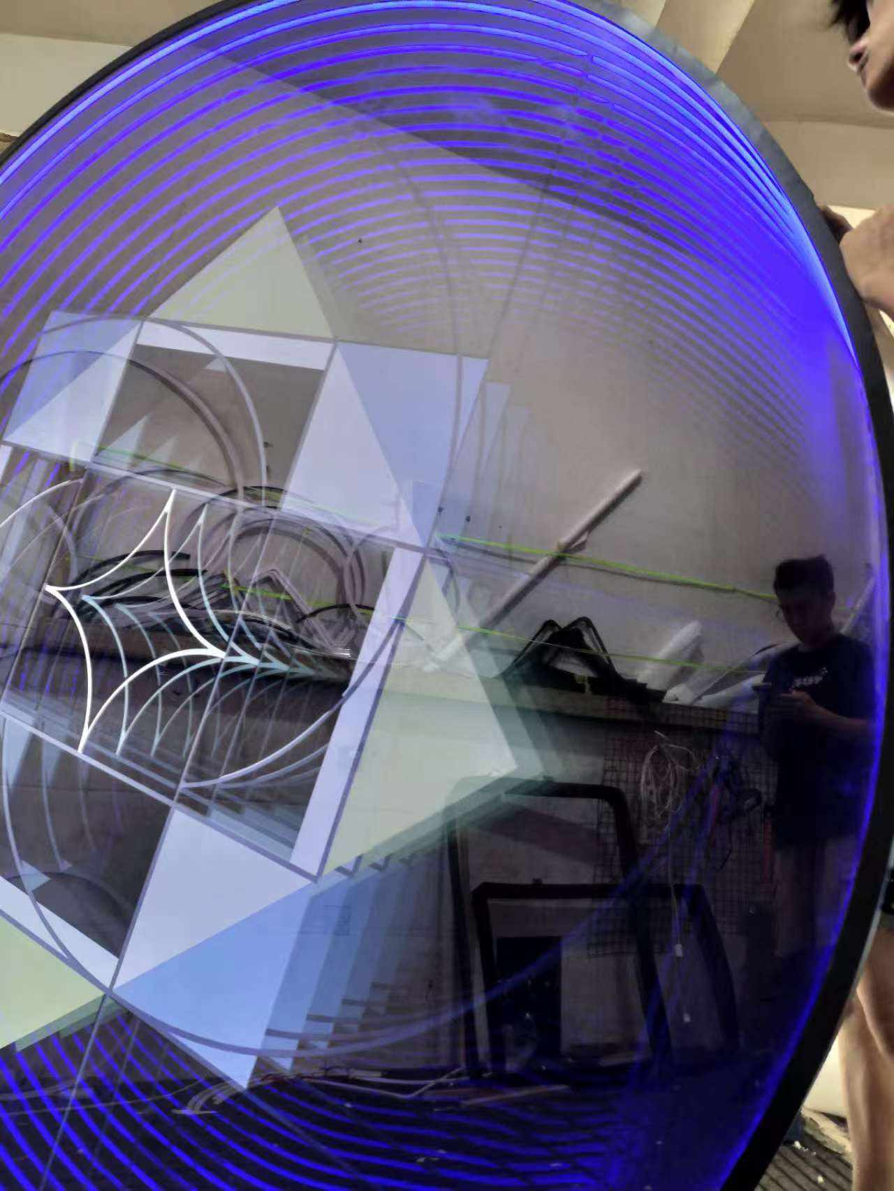 Round Infinity Mirror Wall Art – LED Blue Geometric Pattern Circle Design with Futuristic Optical Depth Effect for Modern Home, Gaming Room & Art Decor