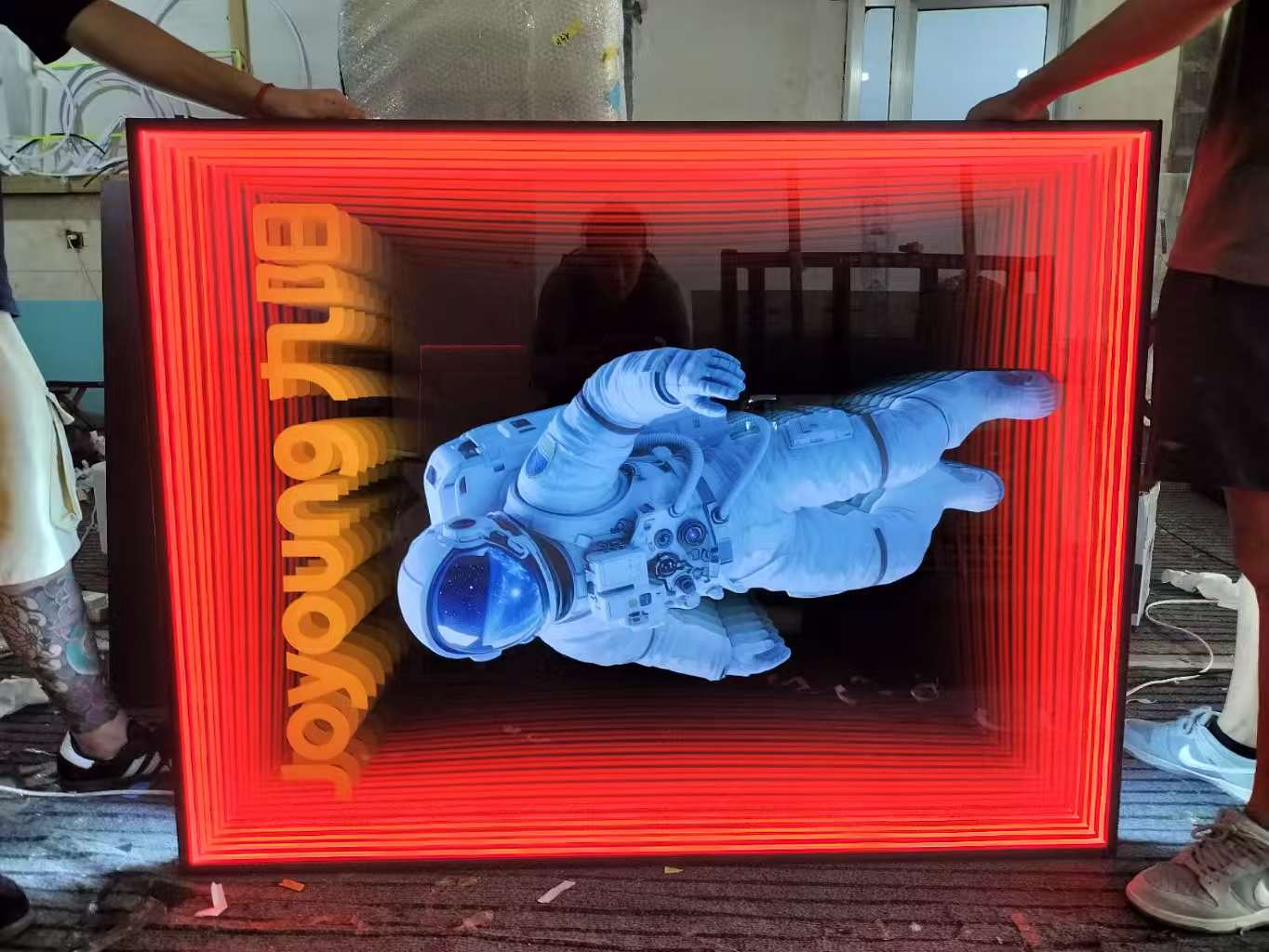 Square Infinity Mirror Astronaut Wall Art – LED Neon Light with Forever Text, Red Frame and Space Theme Decor for Modern Interior