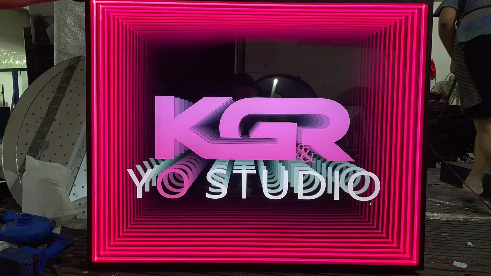 Square Infinity Mirror LED Wall Art Pink Frame Neon Sign 3D Illusion Light with KGR YO Studio Design for Room Bar Decor