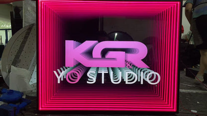 Square Infinity Mirror LED Wall Art Pink Frame Neon Sign 3D Illusion Light with KGR YO Studio Design for Room Bar Decor