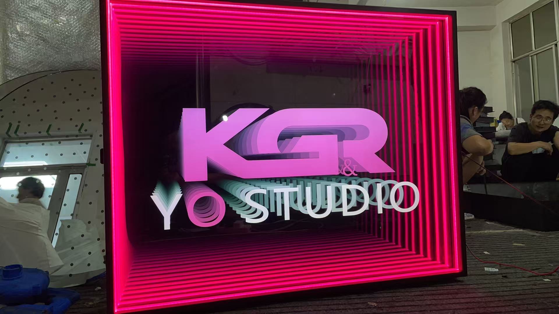 Square Infinity Mirror LED Wall Art Pink Frame Neon Sign 3D Illusion Light with KGR YO Studio Design for Room Bar Decor