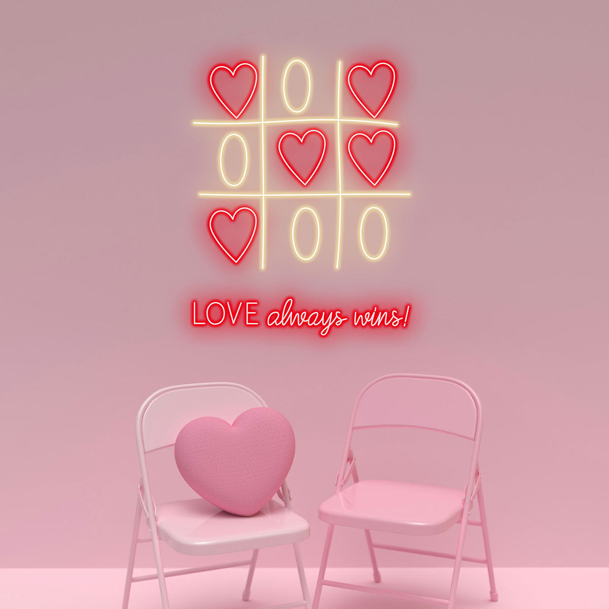 Tic Tac Toe Neon Sign with Red Hearts & Gold Lines | “LOVE Always Wins” LED Wall Light for Game Room or Couples Gift
