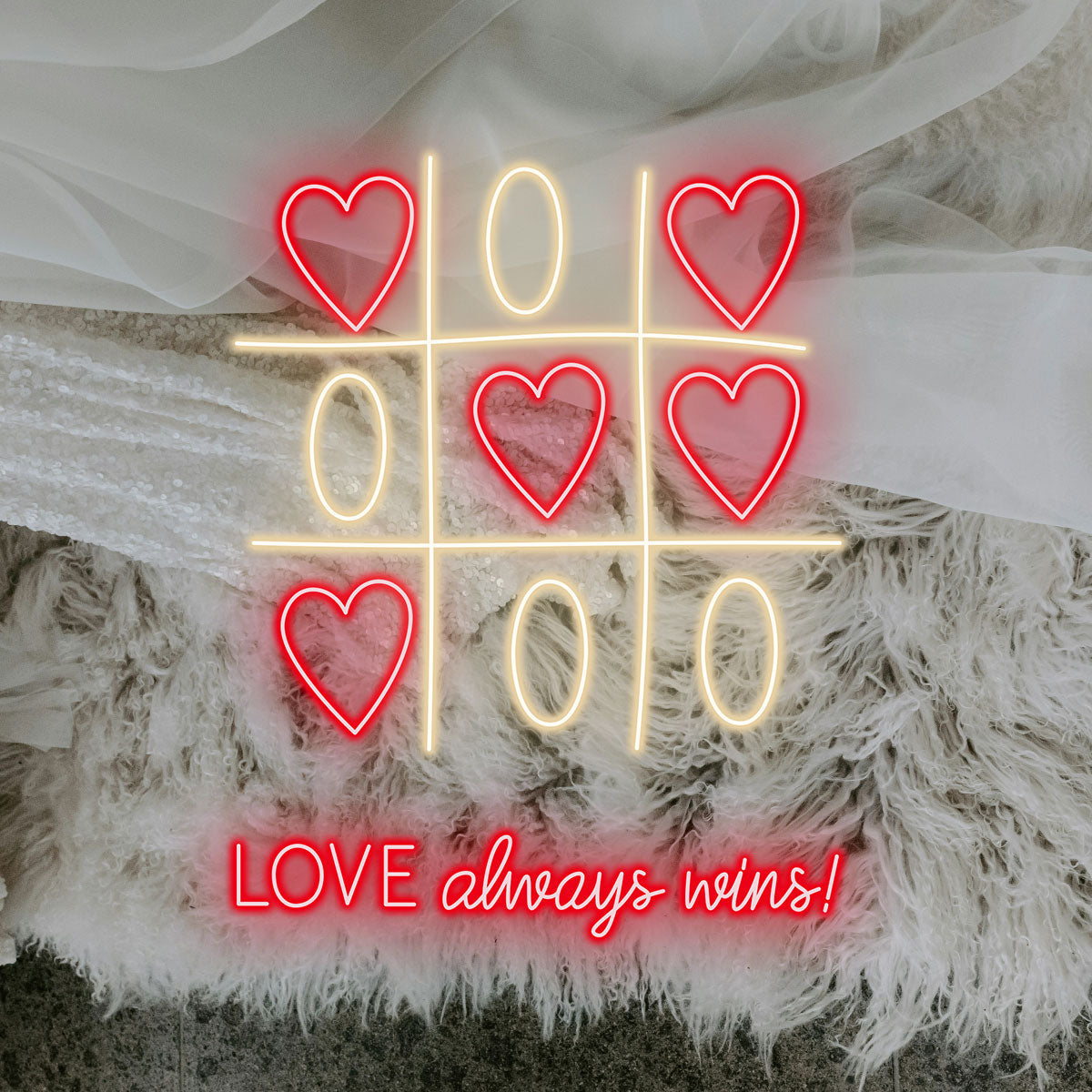 Tic Tac Toe Neon Sign with Red Hearts & Gold Lines | “LOVE Always Wins” LED Wall Light for Game Room or Couples Gift