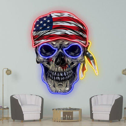 Patriotic Skull Halloween Neon signs Light with American Flag Bandana – Spooky & Festive Decor!