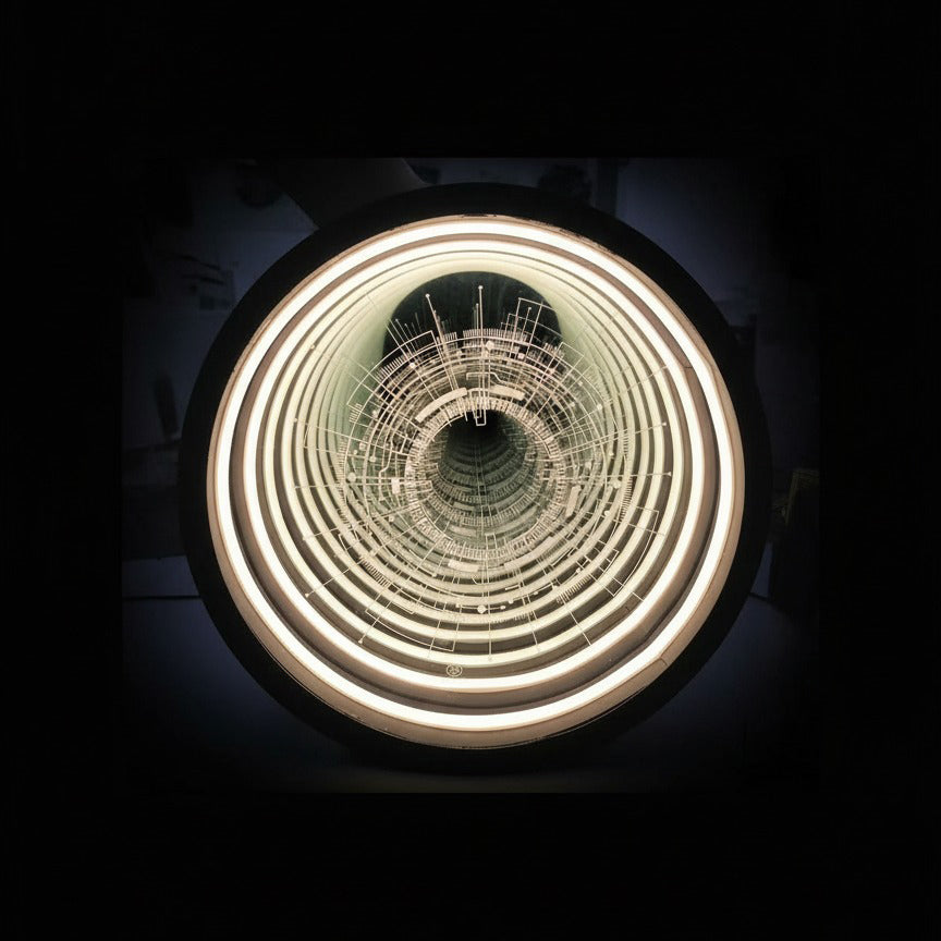 Futuristic Infinity Mirror Neon Light Circular Layered LED Design Warm White Glow Sci-Fi Decor