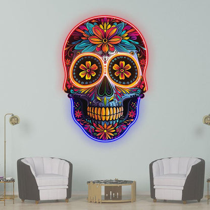Colorful Floral Smiling Skull Neon LED Light – Whimsical Art Decor