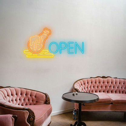 Chicken Leg Open LED Neon Sign Wall Decor for Restaurants, Food Trucks, Bars—Neon Light Gift for Foodies, Chefs & Entrepreneurs