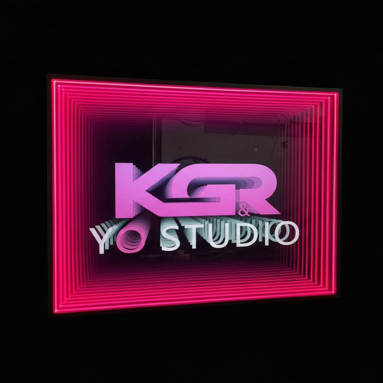 Square Infinity Mirror LED Wall Art Pink Frame Neon Sign 3D Illusion Light with KGR YO Studio Design for Room Bar Decor