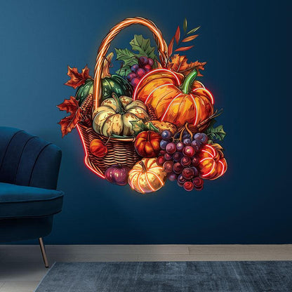 Thanksgiving Harvest Basket:neon signs a cozy combination of pumpkins, grapes and maple leaves