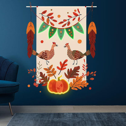 Thanksgiving Tinsel neon signs- Two Turkeys in Love, Surrounded by the Cozy Vibe of Pumpkins and Maple Leaves