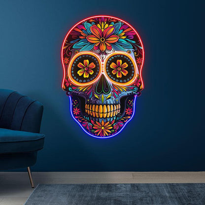 Colorful Floral Smiling Skull Neon LED Light – Whimsical Art Decor