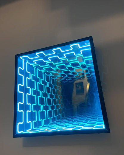 Infinity Mirror Wall Art – Square 3D Optical Illusion LED Light with Blue Glow, Futuristic Home & Art Decor