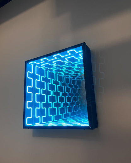 Infinity Mirror Wall Art – Square 3D Optical Illusion LED Light with Blue Glow, Futuristic Home & Art Decor