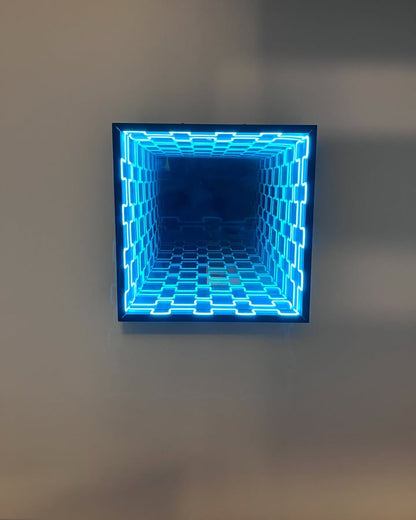 Infinity Mirror Wall Art – Square 3D Optical Illusion LED Light with Blue Glow, Futuristic Home & Art Decor