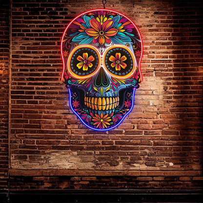 Colorful Floral Smiling Skull Neon LED Light – Whimsical Art Decor