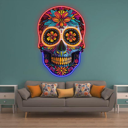 Colorful Floral Smiling Skull Neon LED Light – Whimsical Art Decor