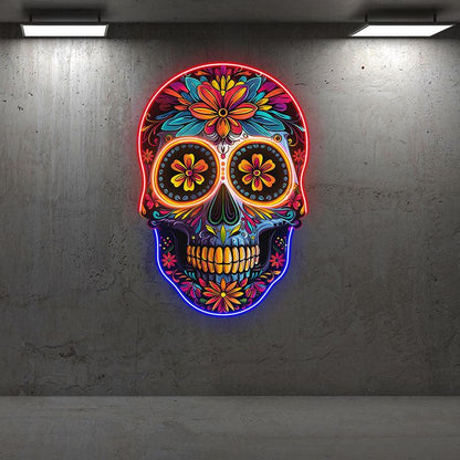 Colorful Floral Smiling Skull Neon LED Light – Whimsical Art Decor