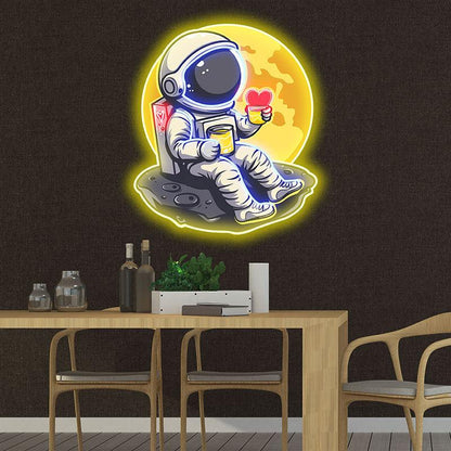 Love in Space: Astronaut Sipping Heart-Shaped Drink Neon Light - Charming LED Decor for Romantic Space Enthusiasts