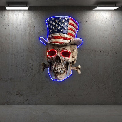 Patriotic Skull Wearing an American Flag Hat: neon signs A Bold and Unique Decoration!