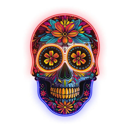 Colorful Floral Smiling Skull Neon LED Light – Whimsical Art Decor