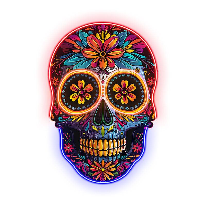 Colorful Floral Smiling Skull Neon LED Light – Whimsical Art Decor