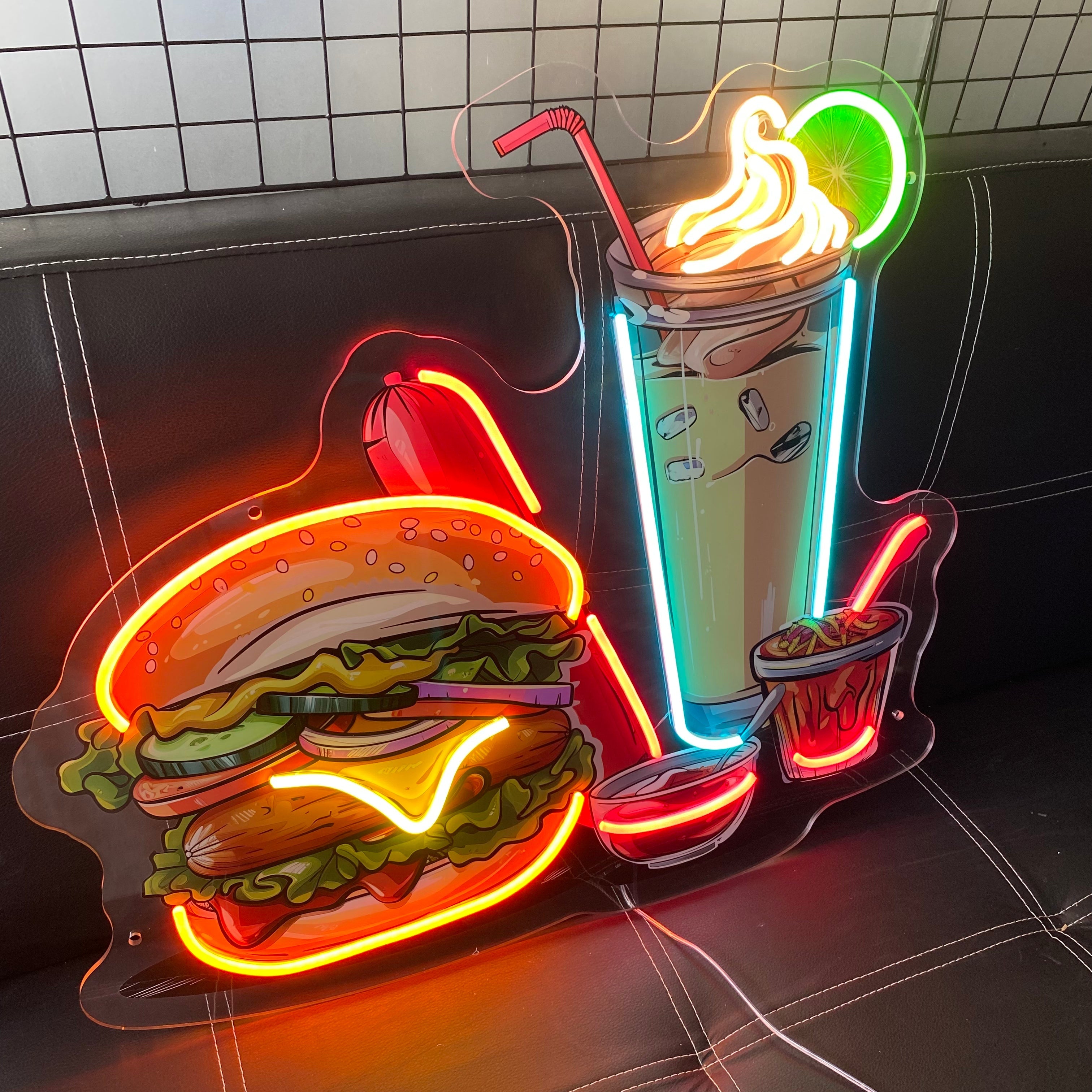 Burger Fries Drink Neon Sign – LED Fast Food Neon Light for Restaurant, Cafe, Kitchen, Bar Wall Decor, Takeaway Shop, Diner, Custom LED Signboard