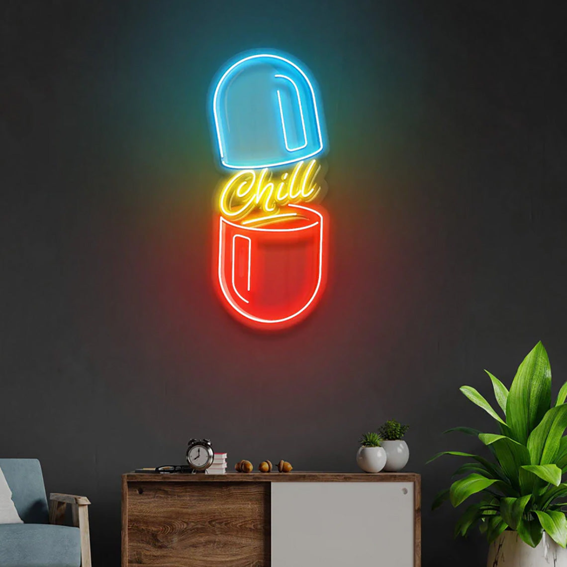 Chill Pill Neon Sign - Fun LED Wall Light for Bedroom, Dorm, Game Room, Aesthetic Room Decor