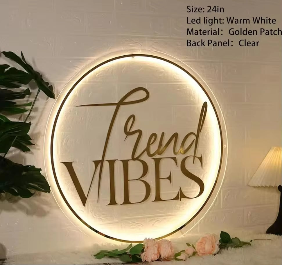 Modern Trend Vibes Backlit Acrylic Sign – Warm White Round LED Wall Light for Boutiques & Home Decor