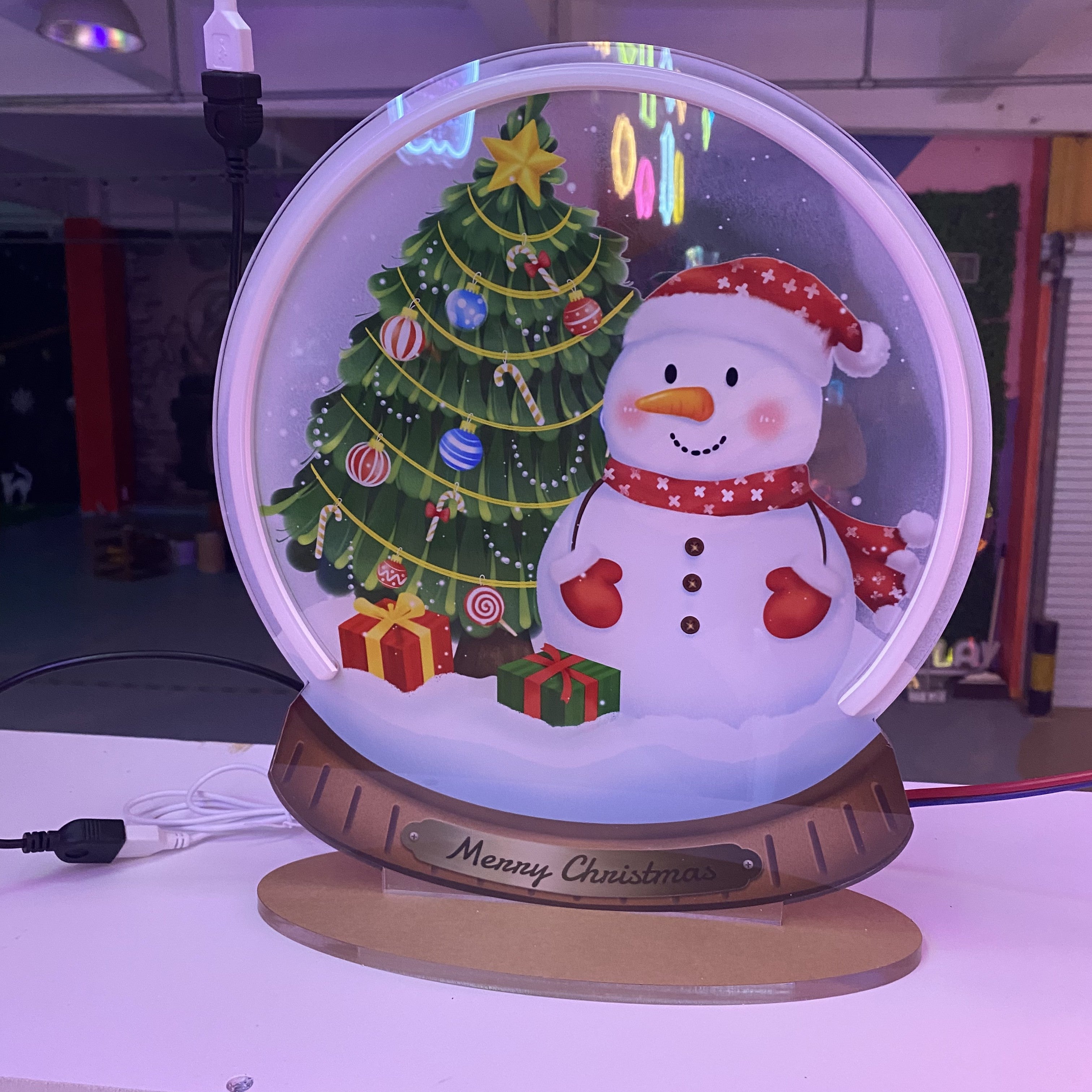 Snowman & Christmas Tree Crystal Ball Neon Light - Festive Holiday Decor, Magical Winter Scene, Perfect Gift for Christmas Home Decor