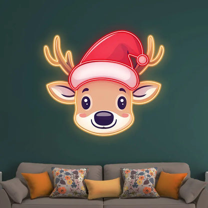 Reindeer Neon Sign Christmas Print Art – Cute Reindeer with Bell and Santa Hat, Festive Wall Art for Kids Room or Holiday Decor