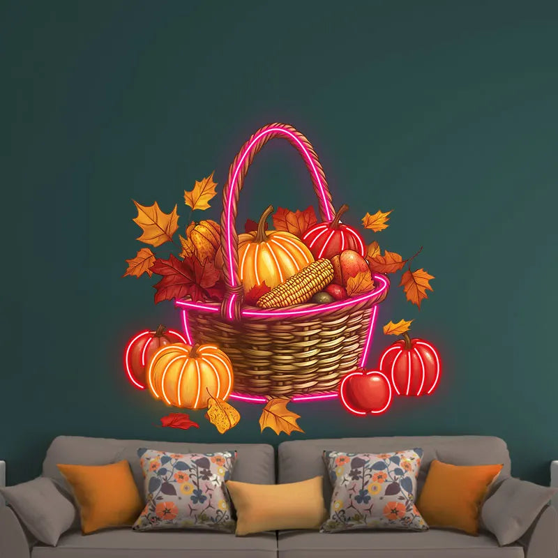 Autumn Harvest Basket Thanksgiving Neon Light – Rustic LED Thanksgiving Decor with Pumpkins, Corn and Apples, Autumn Home decor