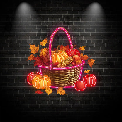 Autumn Harvest Basket Thanksgiving Neon Light – Rustic LED Thanksgiving Decor with Pumpkins, Corn and Apples, Autumn Home decor